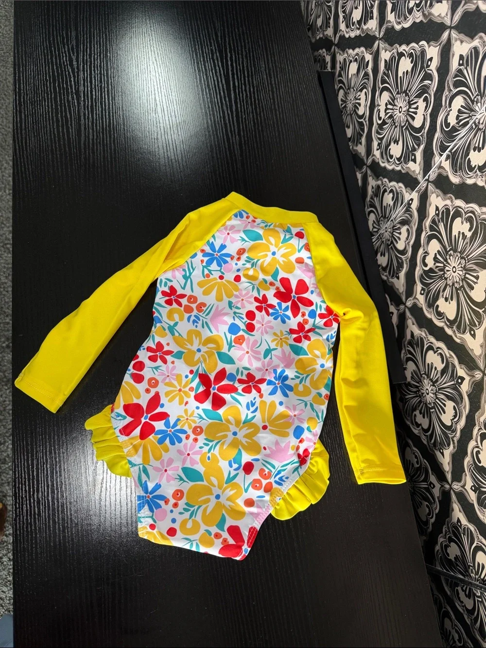 Girl’s Yellow Floral Long-Sleeve Rashguard One-Piece Swimsuit for Kids